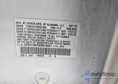 2014 Honda Pilot Lx из США, поврежденный, VIN 5FNYF3H23EB016551